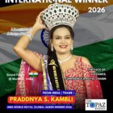 Mrs. PRADDNYA S KAMBLI The  The Winner Of Mrs. WORLD ROYAL GLOBAL QUEEN 2026 Title In The Esteem Platform.